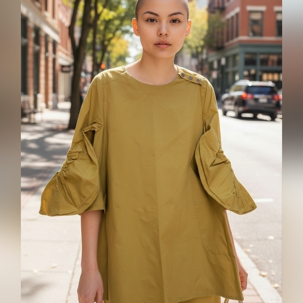 Zara Yellow Tunic Dress Shirt With Ruched Sleeves & Pockets Women's Size Small